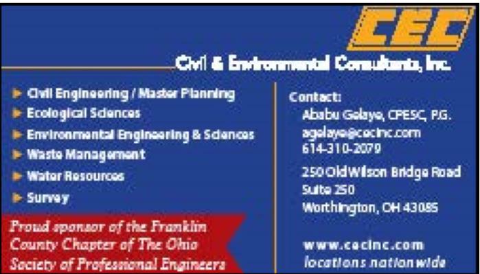 Society of Professional Engineers (OSUSPE). The student branch was started in 2016 with Kevin Monroe, EI, Franklin County Chapter of the Ohio Society of Professional Engineers as liaison with Dr.