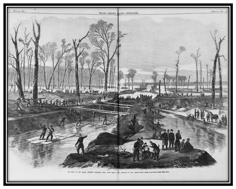 CW3.4.9 Civil War Battle Stations Vicksburg (July 4, 1863) The head of the canal, opposite Vicksburg, Miss., now being cut by Command of Gen. Grant / from a sketch by our special artist, Henri Lovie.