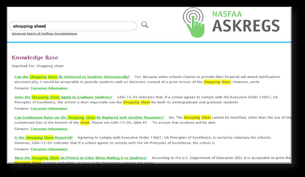 AskRegs: Knowledgebase Search on key terms to view