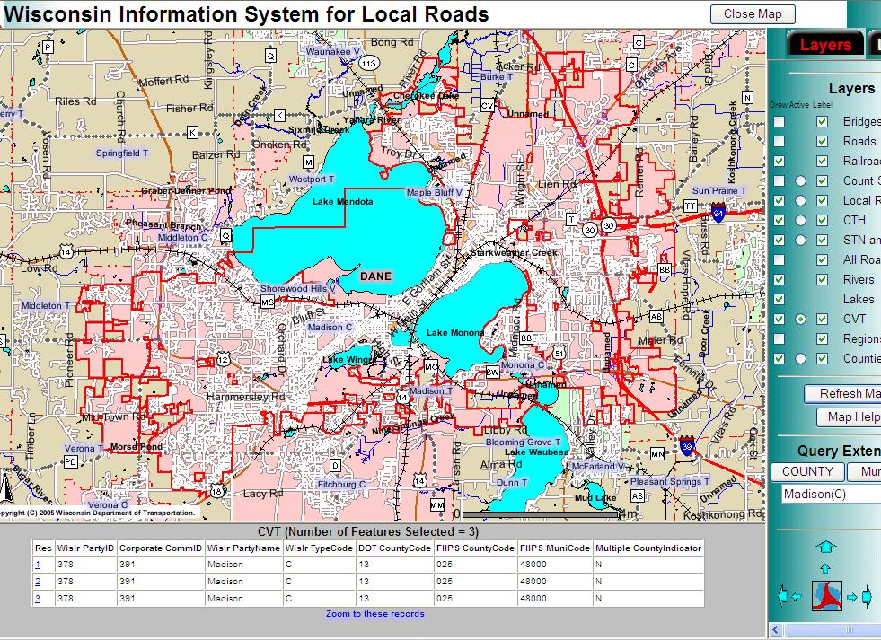 9 WISLR Map w/various Active Layers Enabled: Local Roads County Highways State Highways Rail Rivers and Lakes Municipal Labels Add l Layers