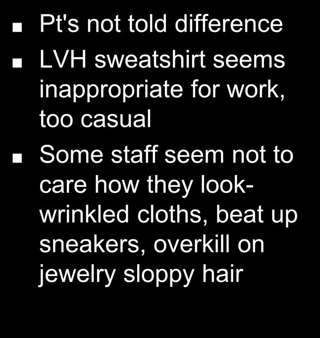 not told difference LVH sweatshirt seems inappropriate for work, too casual Some staff