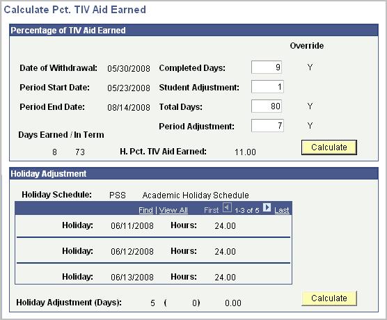 Processing Return of Title IV Funds Chapter 1 Calculate Pct. TIV Aid Earned page Bundle 15 / Bundle 22 Added Override flags for the Completed Days, Total Days, and Period Adjustment fields.