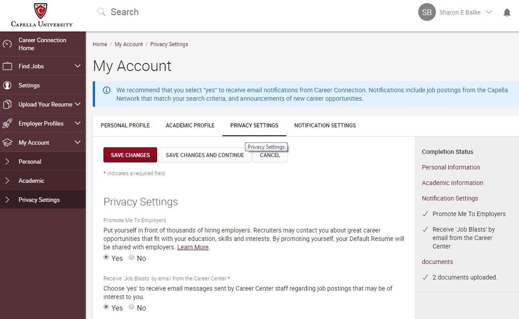 . Click on Save Changes at the bottom of the page. 5 Privacy Settings.
