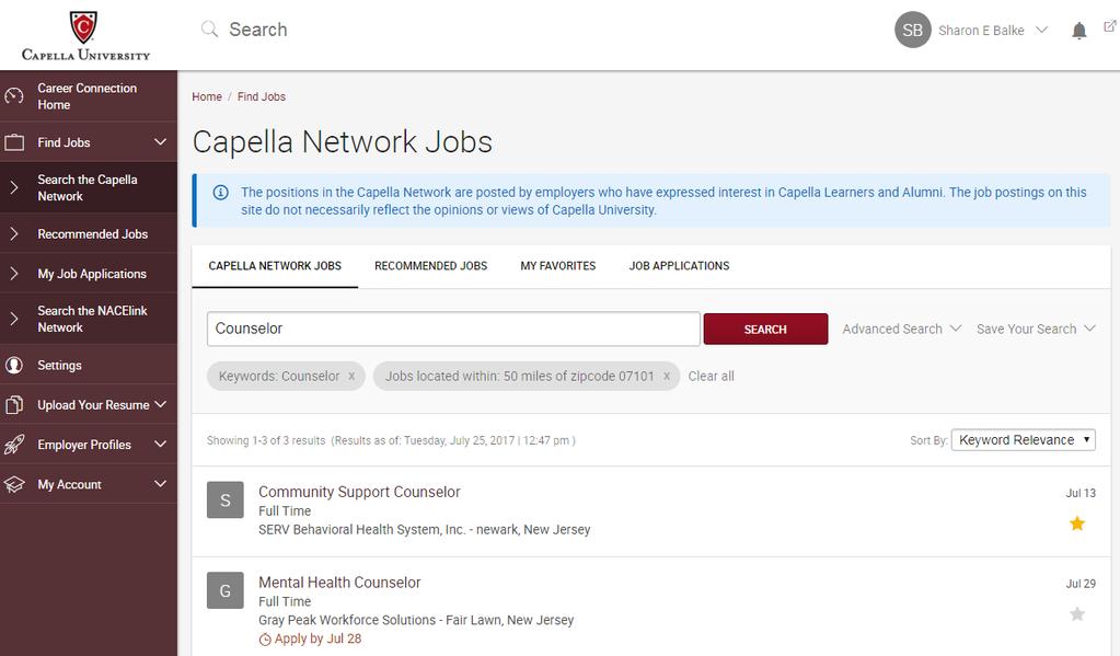 SEARCH Search Capella Network Jobs Search for jobs posted to the Capella Network. These jobs are posted by employers with whom Capella has developed a recruiting relationship.