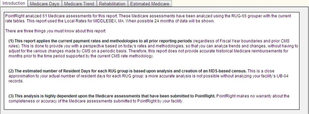 Medicare PPS Report: Introduction (cont.) Section 2: Information Display Click a Category Tab to see information and Reports related to that category. The Introduction Tab is the default.