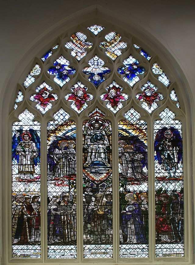 I give praise to you, Father of heaven and earth Te Deum stained glass window by Christopher Whall, St Mary's Church,