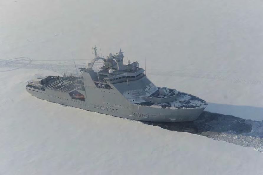 While she is modestly outfitted in weaponry, Svalbard is considered a double action ship designed to break ice both ahead and astern and can conduct icebreaking and emergency towing up to 100,000