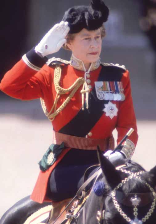 Her Majesty Queen Elizabeth II wearing her uniform as Colonelin-Chief of the Scots Guards during a ceremony of Trooping the Colour in