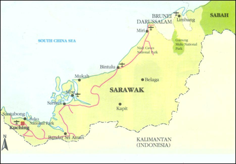 Gambar 1: Peta Sarawak Sumber: Laman Web Rasmi Pejabat Daerah, Mukah Berdasarkan peta di atas merujuk kepada kedudukan bahagian Mukah di Sarawak.