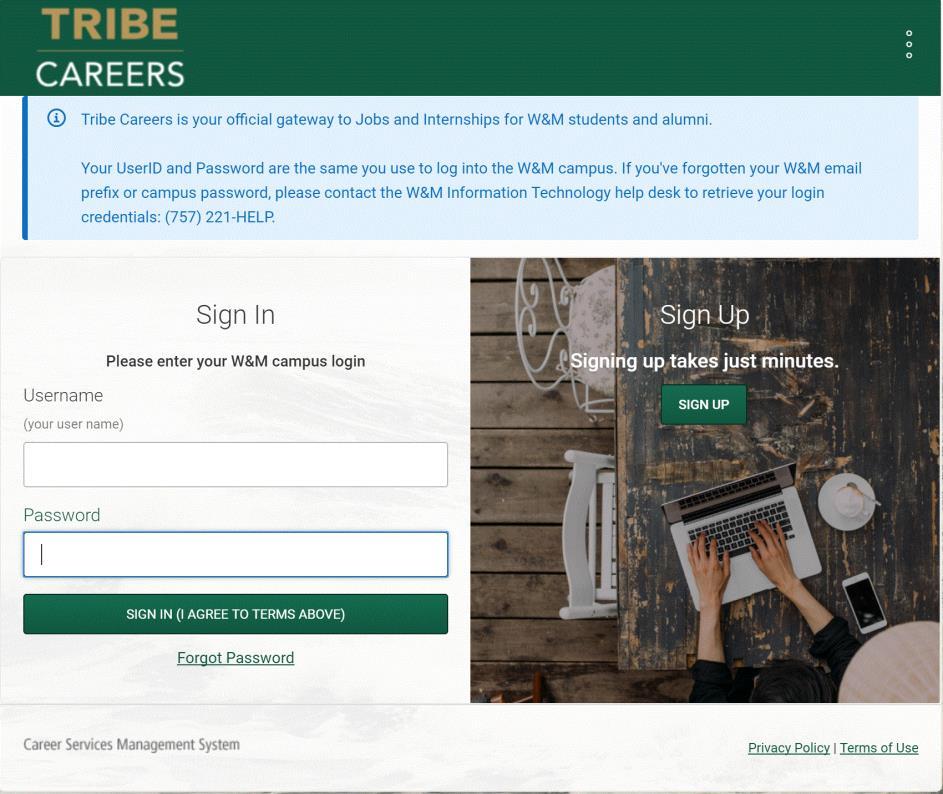 Tribe Careers W&M recruiting portal Job Postings On-campus interviews Event RSVP Employer information