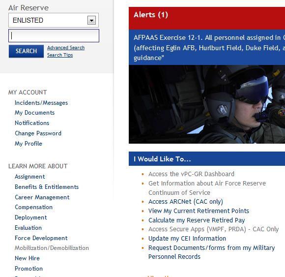 My Personnel Services (mypers) Customized to recognize the user's affiliation as officer, enlisted, civilian, reserve