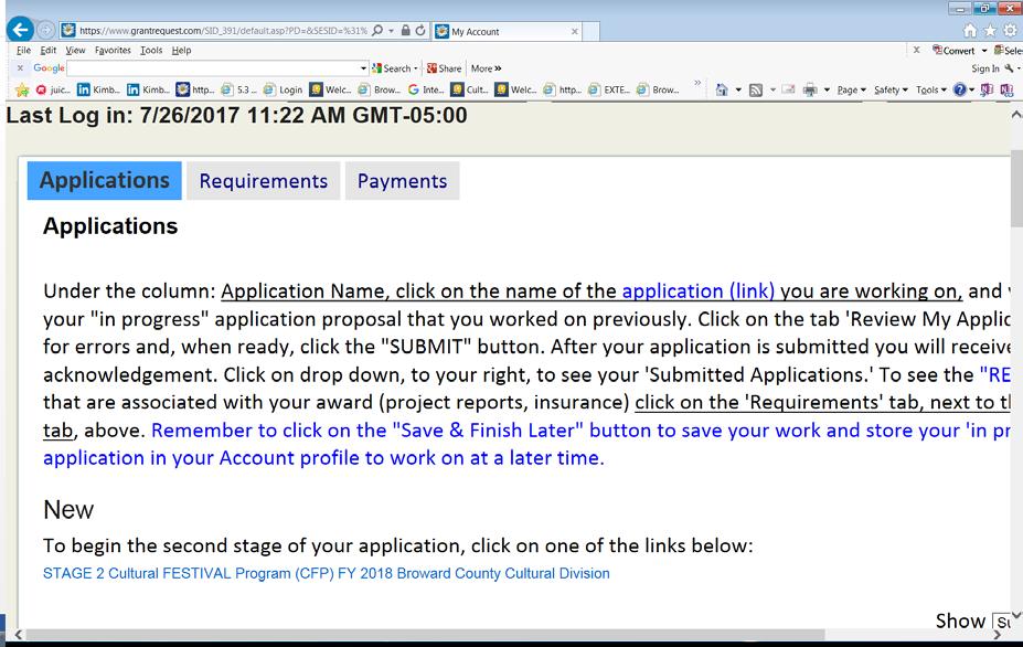 Example for Stage 2: Click on the blue hyperlink to start your STAGE 2 CFP application, it will move into the In-Progress span of your Profile.