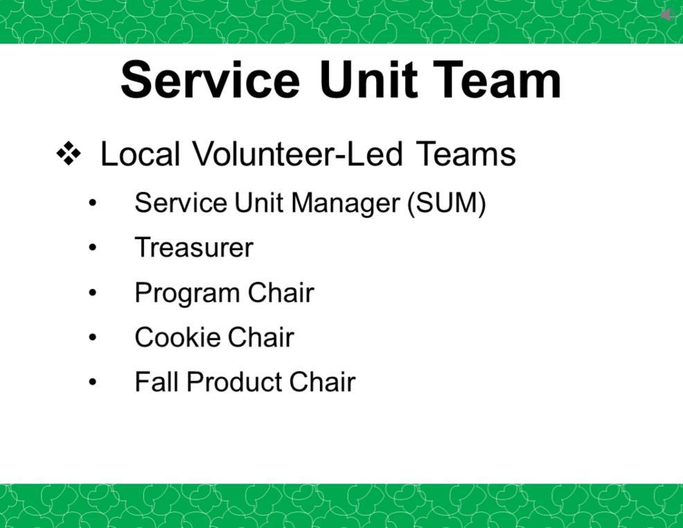 A team of volunteers and staff provides you with local support, learning opportunities, and advice. As a troop leader you will have the most contact with your Service Unit Manager.