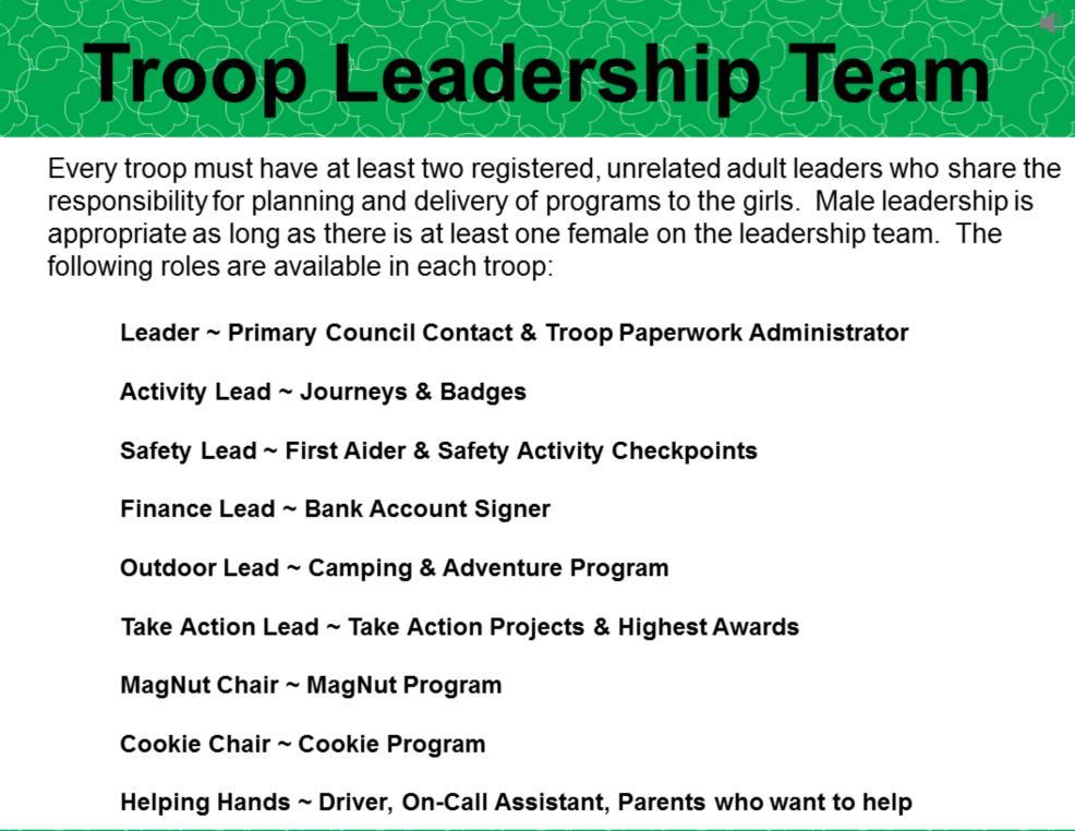 Running a troop takes a team! As a troop leader you don t have to do everything.