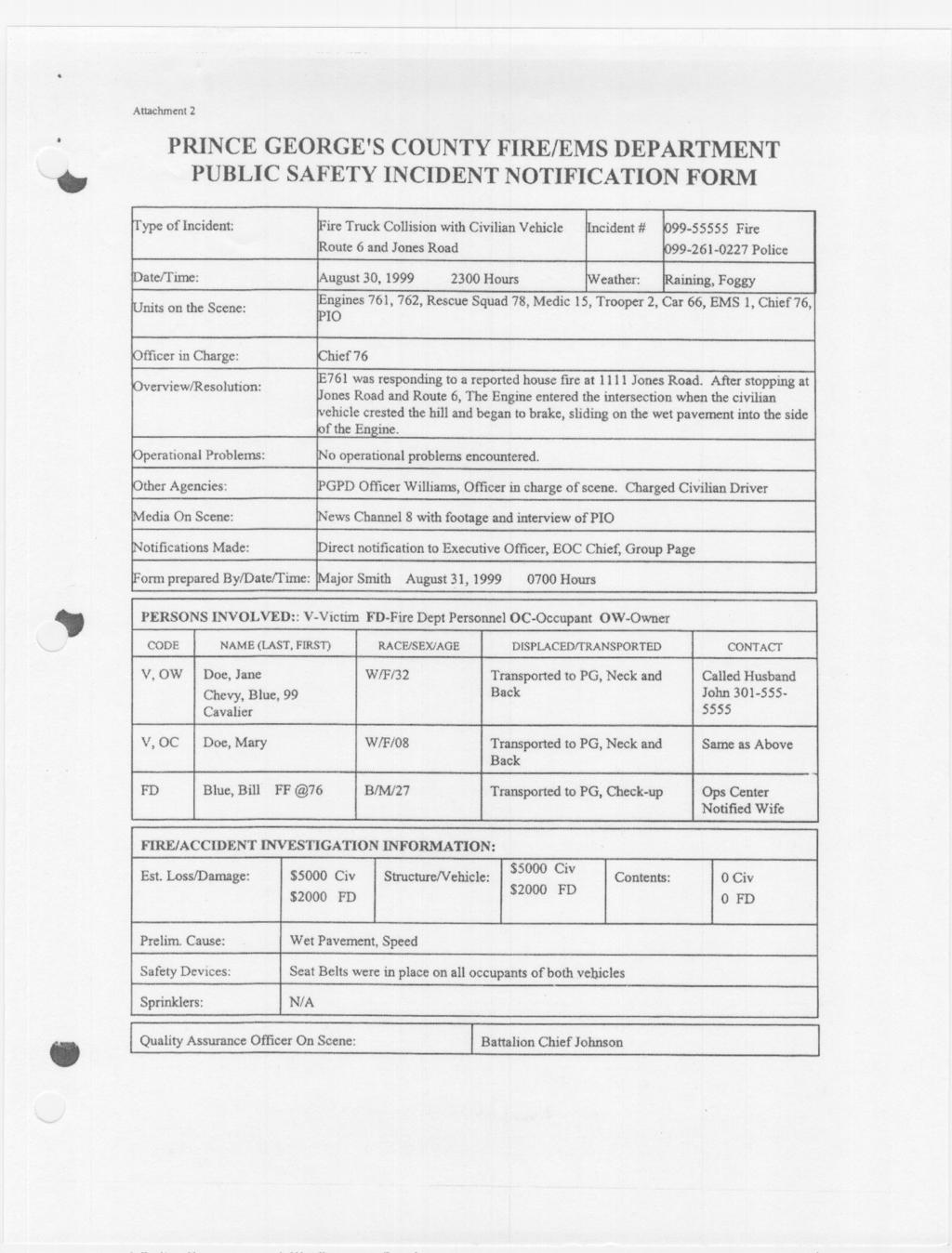 --- Attachment 2.. PRINCE GEORGE'S COUNTYFIRE/EMS DEPARTMENT PUBLIC SAFETY INCIDENT NOTIFICATION FORM -ire Truck Collision with Civilian Vehicle oute 6 and Jones Road 9-55555 Fire 9-261-0227Police.