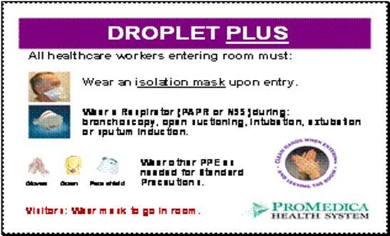 ) Wear mask upon entering room Droplet PLUS Precautions: (for suspected or confirmed influenza) -