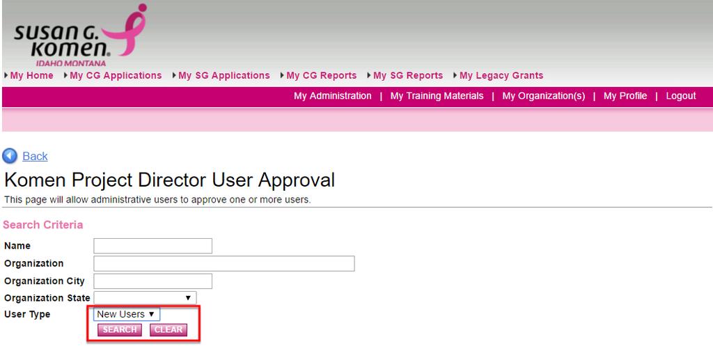 4. Click on User Approval for Project Director