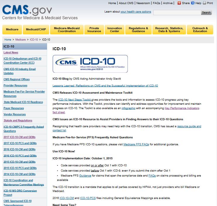 CMS Page for ICD-10
