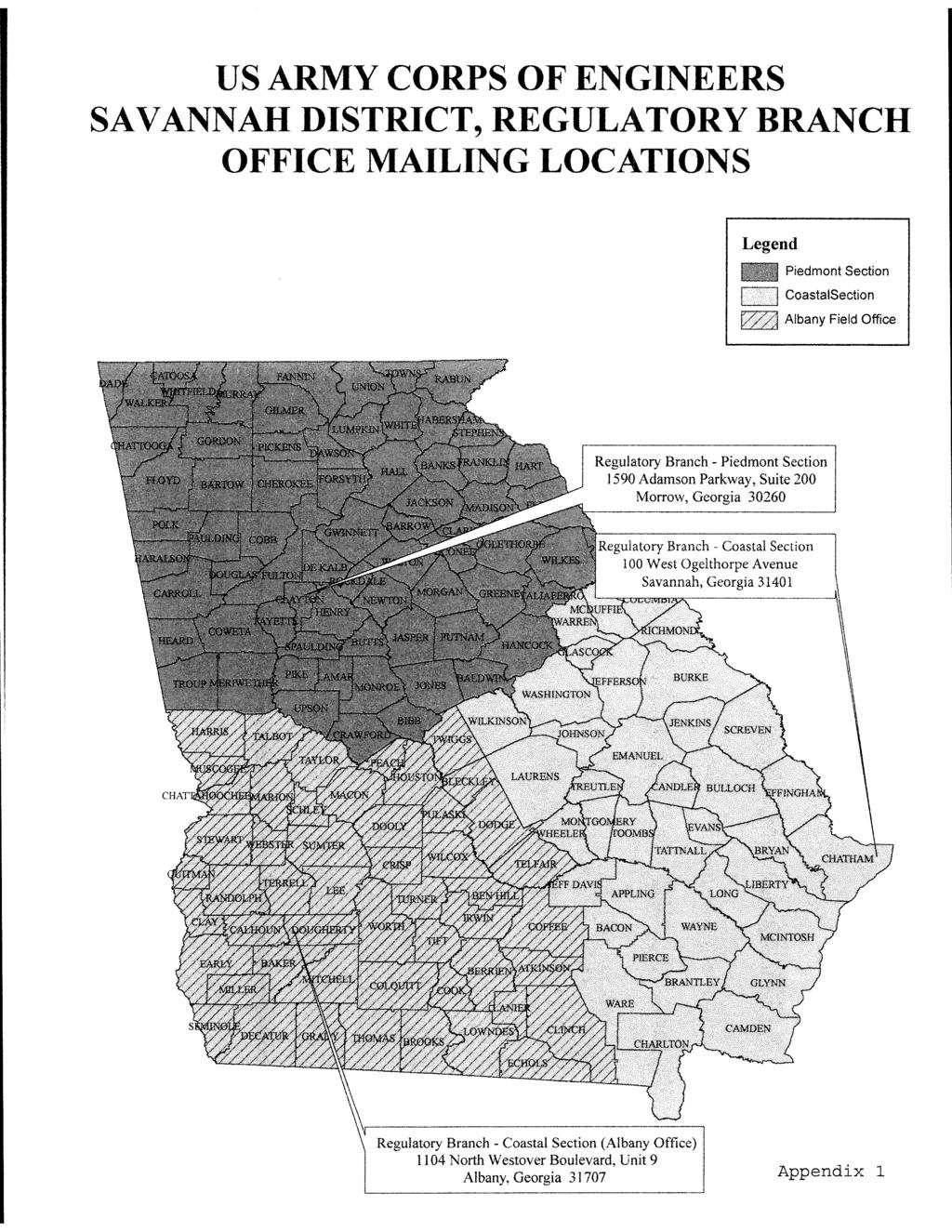 US ARMY CORPS OF ENGINEERS SAVANNAH DISTRICT, REGULATORY BRANCH OFFICE MAILING LOCATIONS Legend Piedmont Section [:=J CoastalSection ~ Albany Field Office Regulatory Branch - Piedmont Section 1590