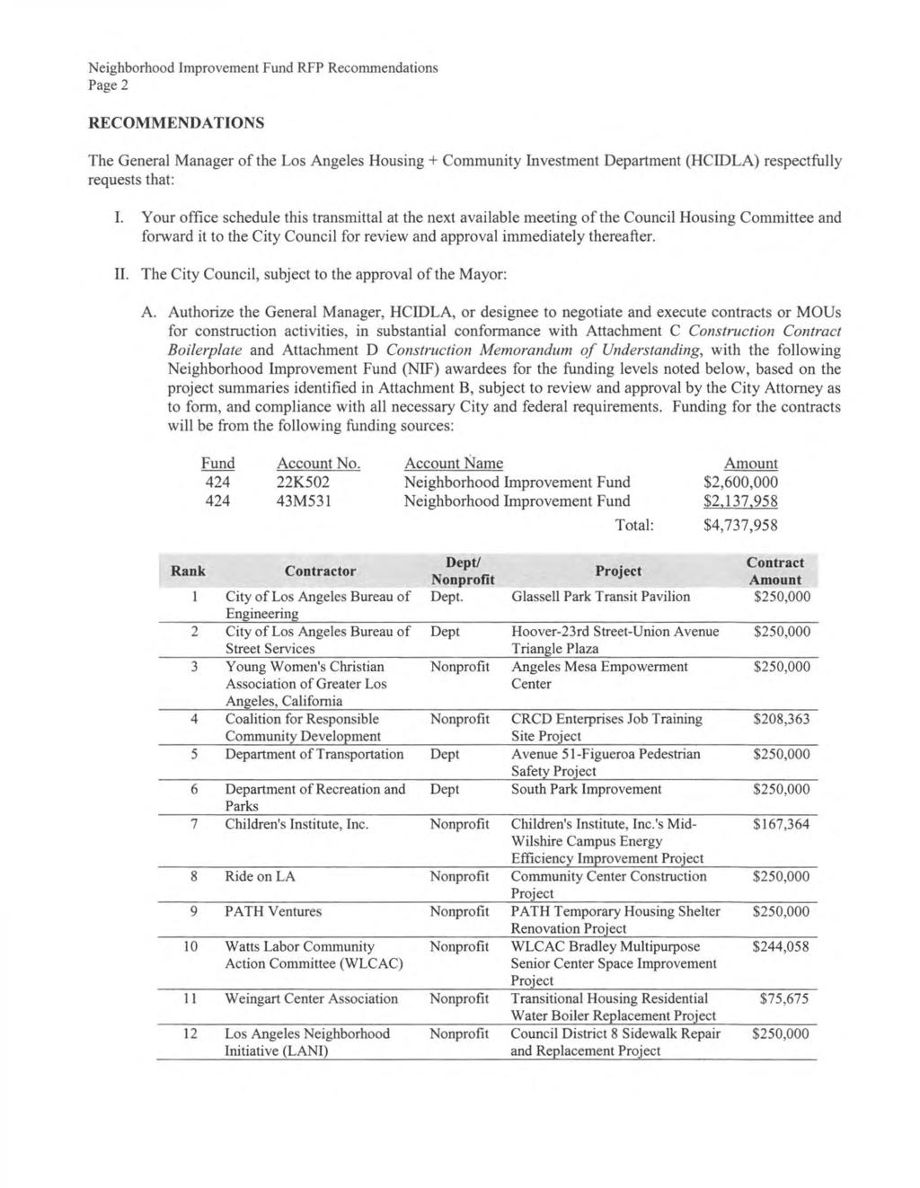 Page 2 RECOMMENDATIONS The General Manager of the Los Angeles Housing + Community Investment Department (HCIDLA) respectfully requests that: I.