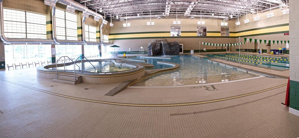 40 person spa Current channel Climbing wall Volleyball and basketball area 4 lap lanes (25 yards) Steam room (Ages 16 and up) Sauna (Ages 16 and up) Attire specifically designed for swimming required.
