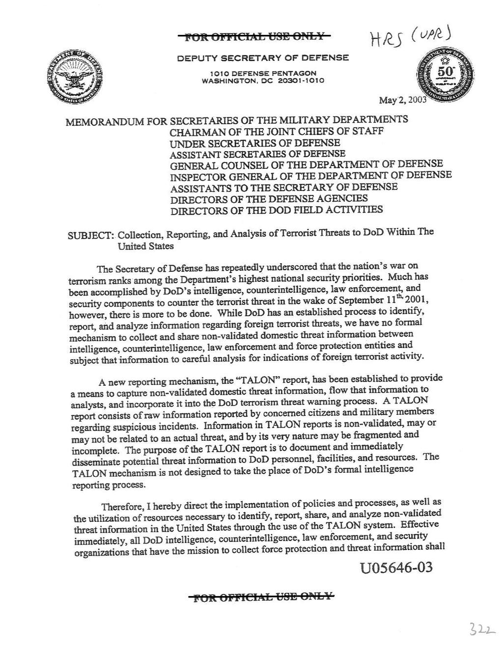 Appendix F. Deputy Secretary of Defense May 2, 2003, Memorandum P:Olt Ot't'ICIAt t:js~ OrftJY DEPUTY SECRETARY OF DEFENSE 1010 OEFENSE PENTAGON WASHINGTON.