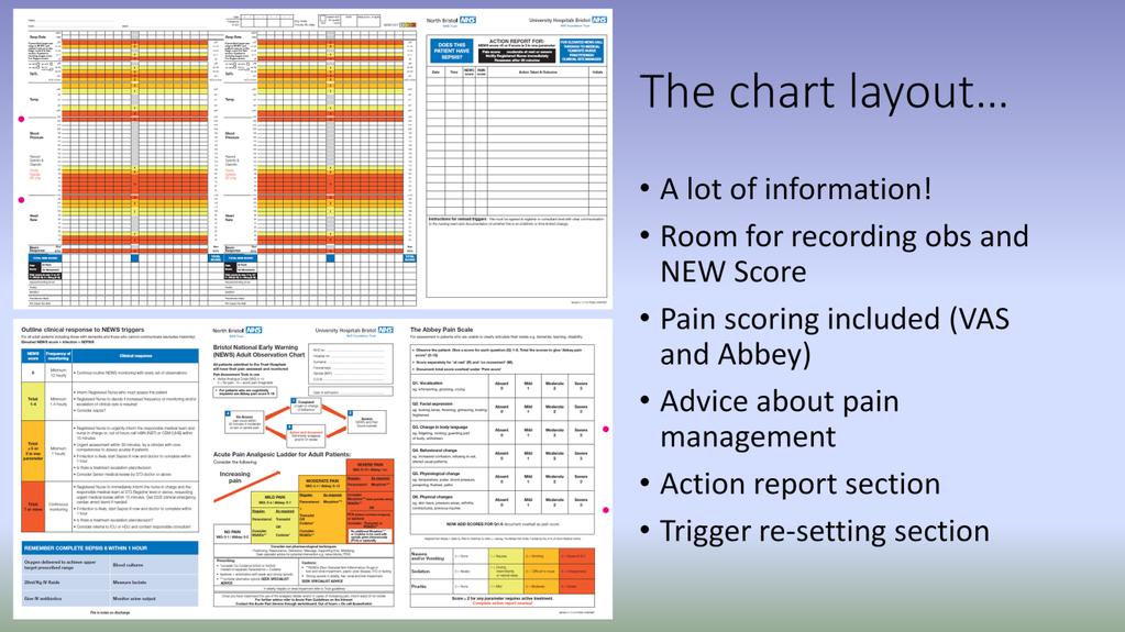 The chart is a complex document with many elements. It has a grid to record observations. It has a sheet to log interventions or actions taken to elevated NEWS (or pain) scores.