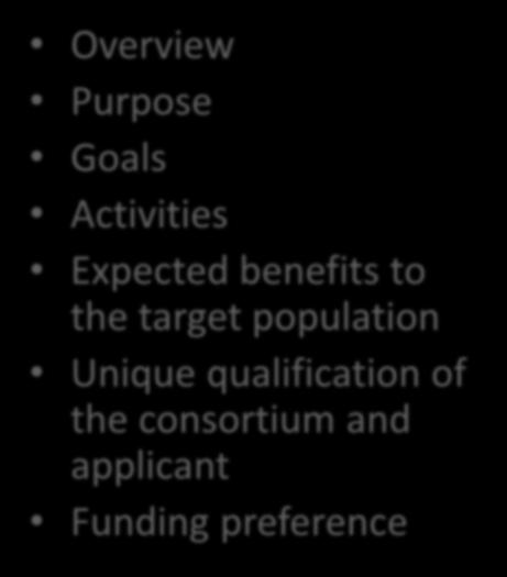 Overview Purpose Goals Activities Expected benefits to the target population Unique qualification