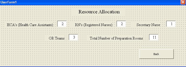 Finally, the user can select the number of HCAs, RNs, Secretary Nurses, OR teams, and preparation rooms as shown in Figure 11. Figure 11: Resource Allocation UserForm 6.