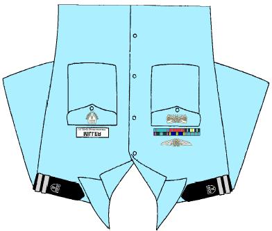 Proper Placement of Ribbons, Name Tags, and Qualification Devices. The illustration below indicates the proper placement of ribbons, the nametag, breast, and qualification devices.