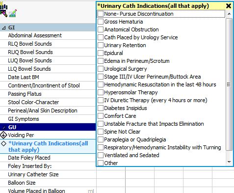 F i gure 3: Nursi ng Documentati on When a nurse selects Voiding Per Foley in the documentation, we created a Urinary Cath Indications box (Figure 4) so nurses and other clinicians could select a