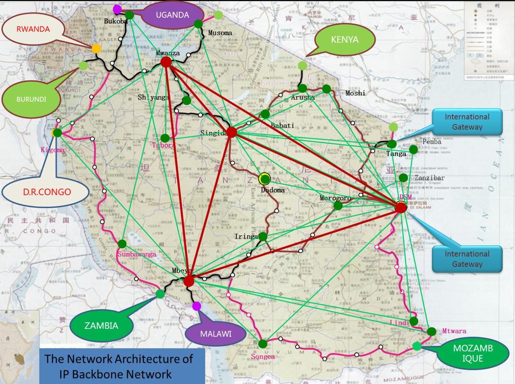 84 Legends Figure 5.1: Fibre coverage map in Tanzania (NCITBB 2016) The NICTBB was designed to have a maximum capacity of 400Gbps based on the chassis of the active components.