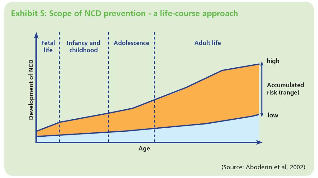 Life Course Approach The risk of NCDs accumulates with age and is influenced by factors (socioeconomic, lifestyle, other