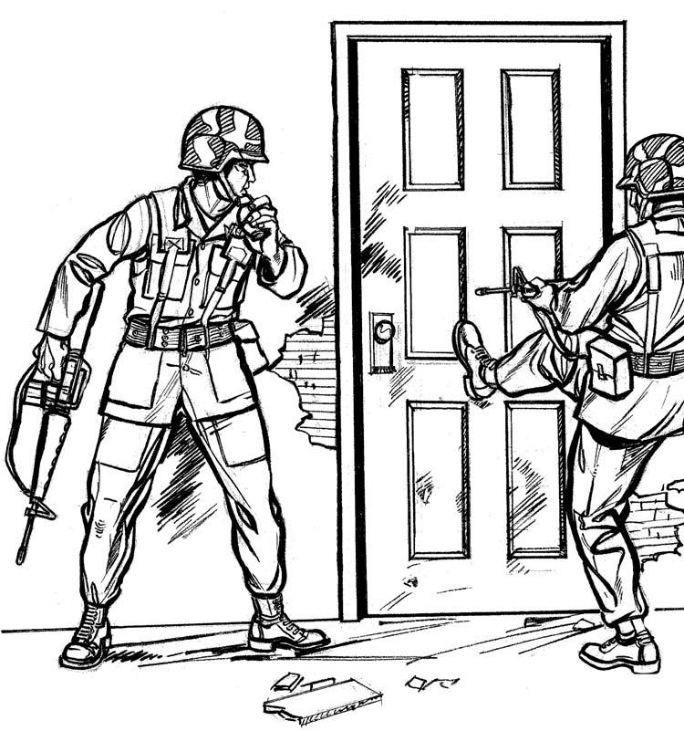 Figure 2. Soldier ready to throw grenade after breach of door. c. Entrances and passages of an underground passageway. Use of all types of grenades in underground passages presents many dangers.