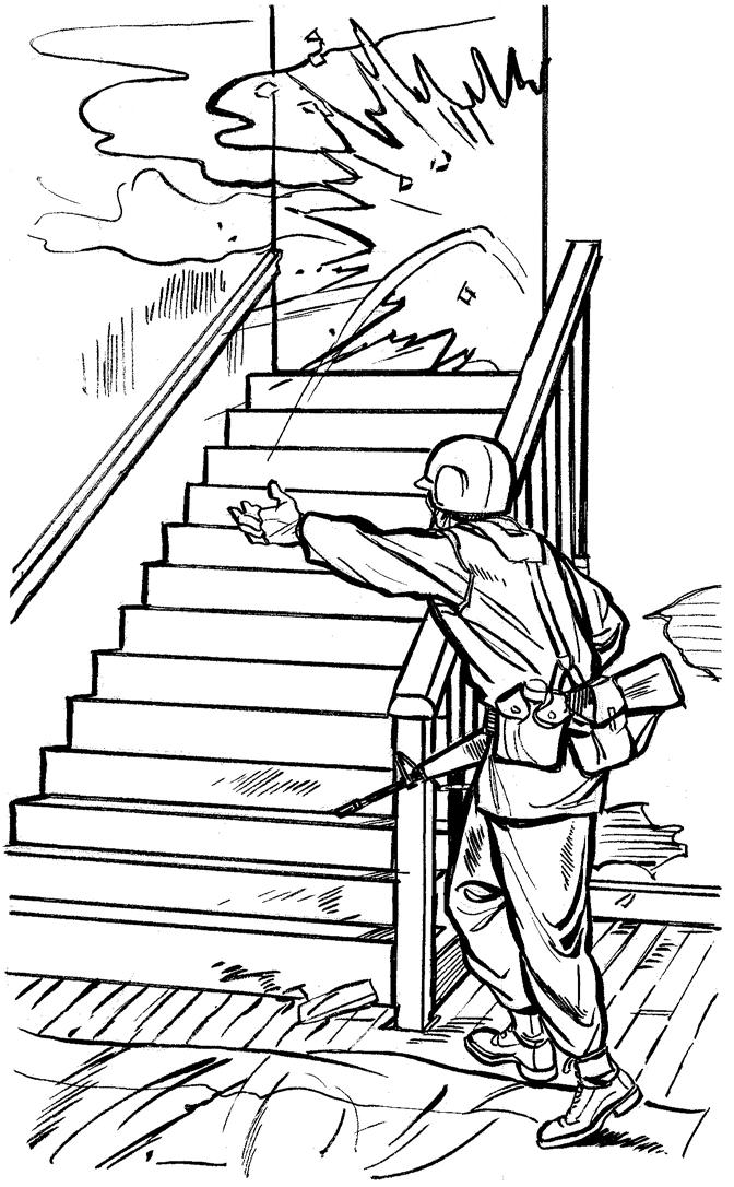 Figure 3. Soldier tossing grenade up stairway. e. Throwing a grenade in an upper-story opening (Figure 4). Determine the target and then step out far enough to lob the grenade.