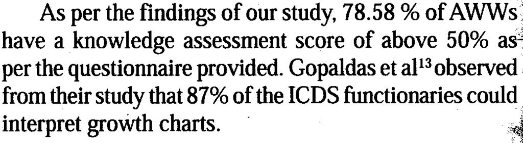28) were in the age'"" from their study that 87% of the ICDS functionaries could group of 41-50 yrs. Gupta et ap in their study at the ICDS interpret growth charts.