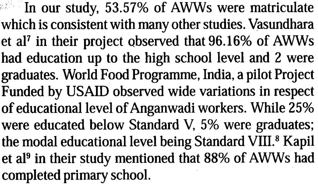 16% of AWWs had education up to the high school level and 2 were graduates.