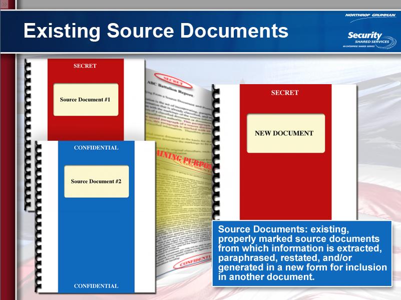 A second authorized source for derivative classification is an existing, properly marked source documents from which information is extracted, paraphrased, restated, and or