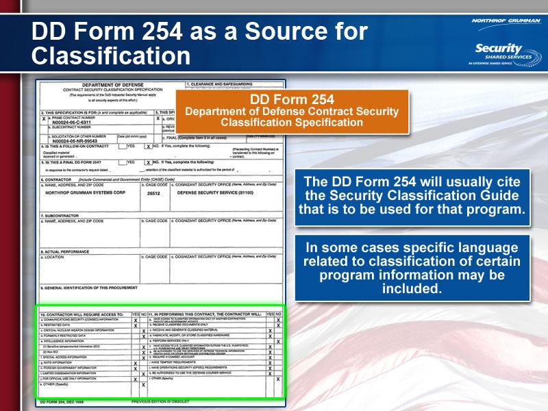 The third authorized source is the DD form 254, the Department of Defense contract security classification specification.