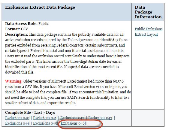 3. Scroll down to Exclusions Extract Data Package. A file is generated every day and a complete file for each of the Last 7 days is available. Click on the highest number to open the most recent file.