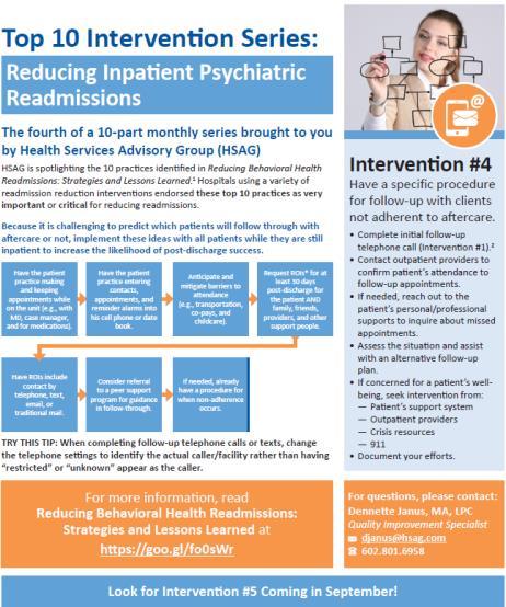HSAG Behavioral Health Projects Increase depression and alcohol misuse screenings in primary care settings Reduce hospital readmissions after discharge from IPF Education: Six-session webinar series,