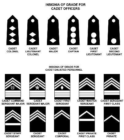 18 Foundations of Army JROTC and Getting Involved Figure 1.3.3: Insignia of grade for cadet officers and cadet enlisted personnel Courtesy of CACI and the US Army.