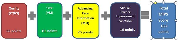 MIPS Performance Categories Four performance categories contribute to a MIPS score worth 100 points: 1.
