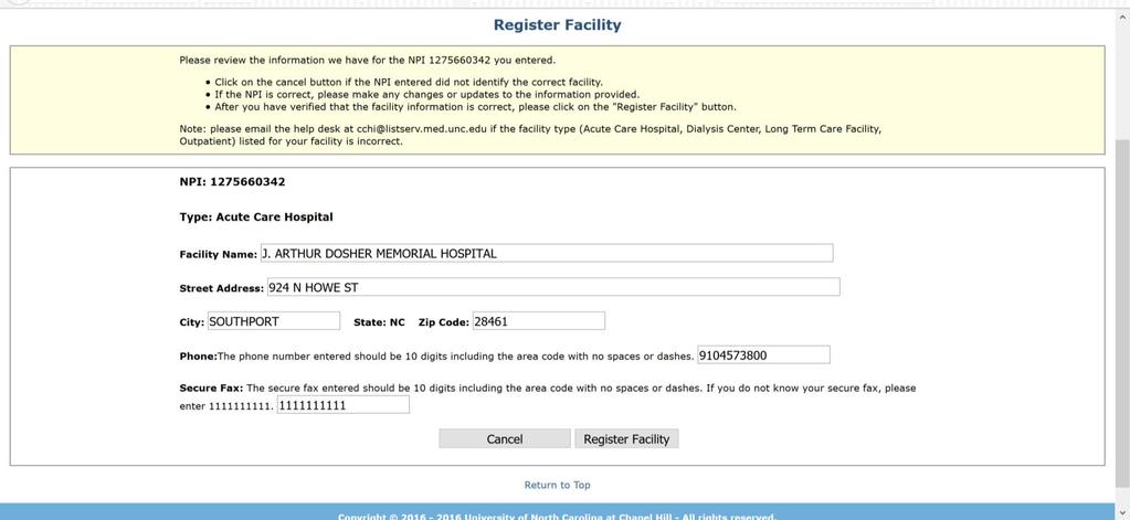 Figure 8: Register Facility - Acute