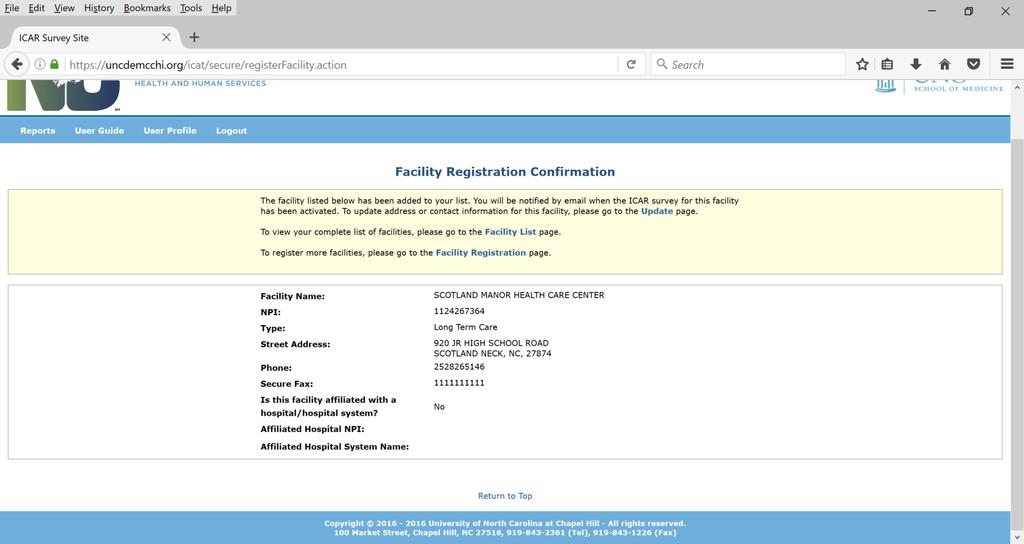 Figure 10: Facility Registration Confirmation