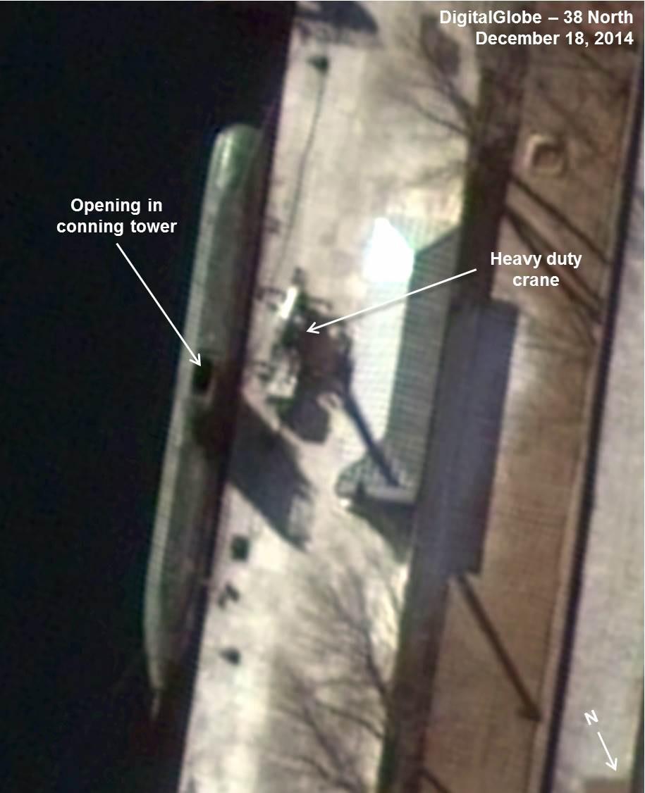 Figure 12: The new Sinpo-class submarine with an opening in the conning tower that may house 1-2 small vertical launch tubes. Note: image rotated. Image 2014 DigitalGlobe, Inc.