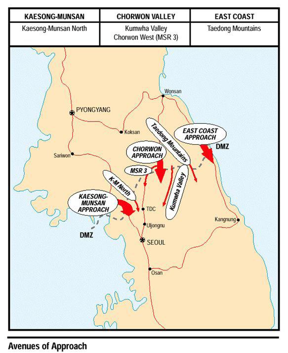 Figure 13: Avenues of approach across the DMZ. North Korea Country Handbook, Defense Intelligence Agency. 2.