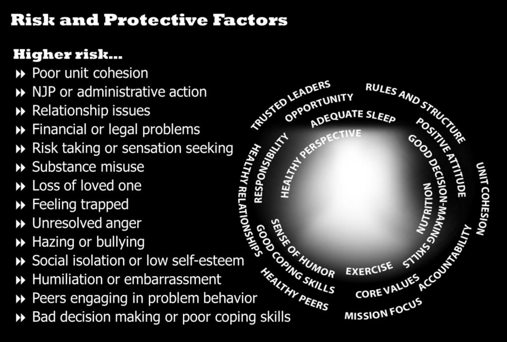 Marines and Sailors facing these risk factors have a higher likelihood of engaging in destructive behaviors resulting in negative outcomes when faced with stressful situations.