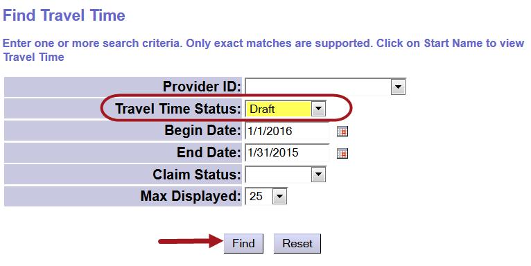 To find and submit draft Travel Time entries for payment: 1. From the left-hand menu, click on View Travel Time. 2.