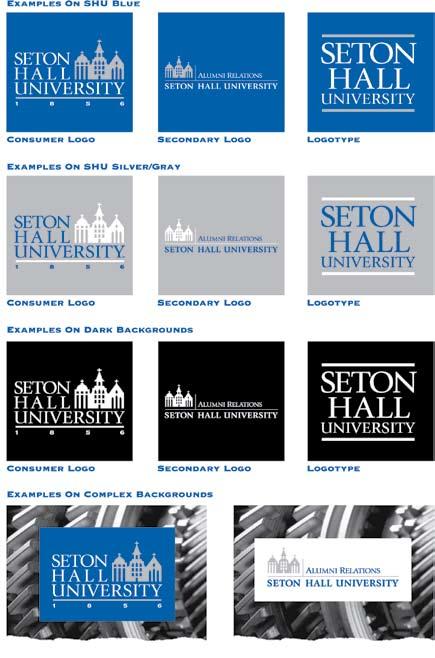 LOGOS ON BACKGROUND COLORS Logos On SHU Blue - color breaks on the marks. Logos On SHU Silver (Or SHU Gray) achieved by switching the color breaks on the marks.
